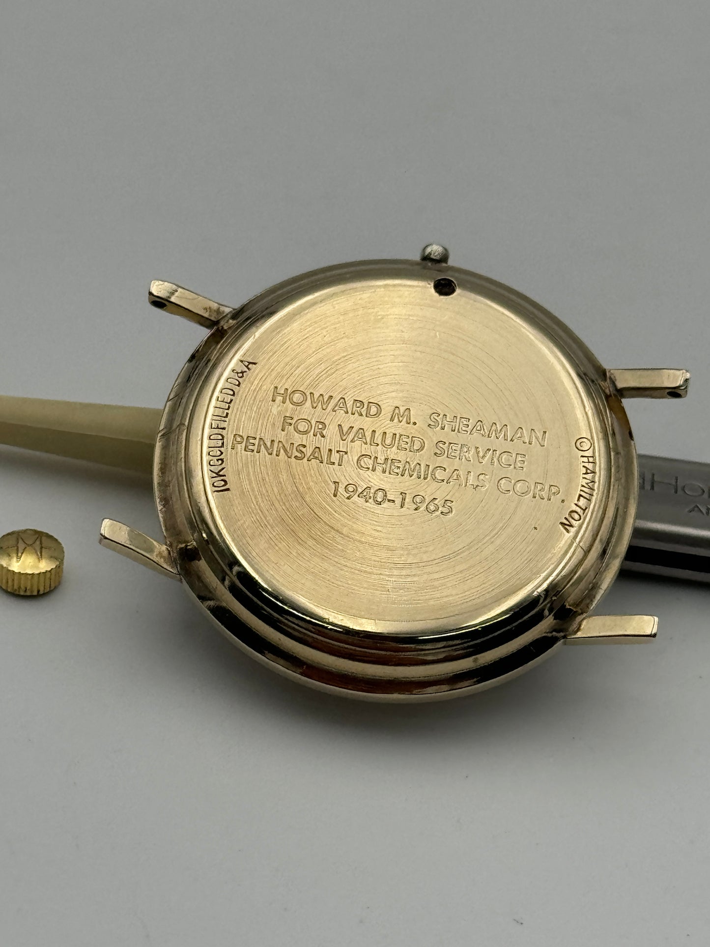 Hamilton 620 buren 1005 cassa case assigned pennsalt chemicals group 34mm microrotor lancaster v23146 lamined gold