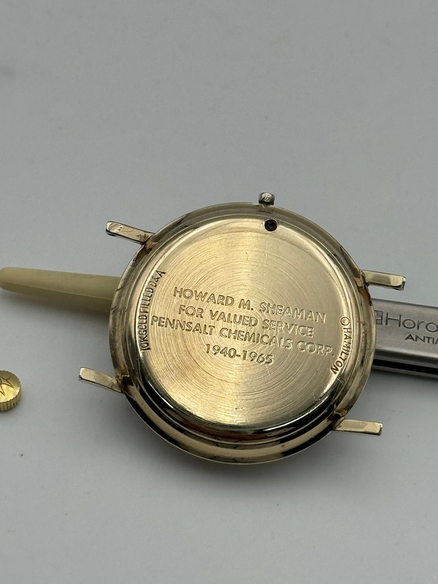 Hamilton 620 buren 1005 cassa case assigned pennsalt chemicals group 34mm microrotor lancaster v23146  lamined gold