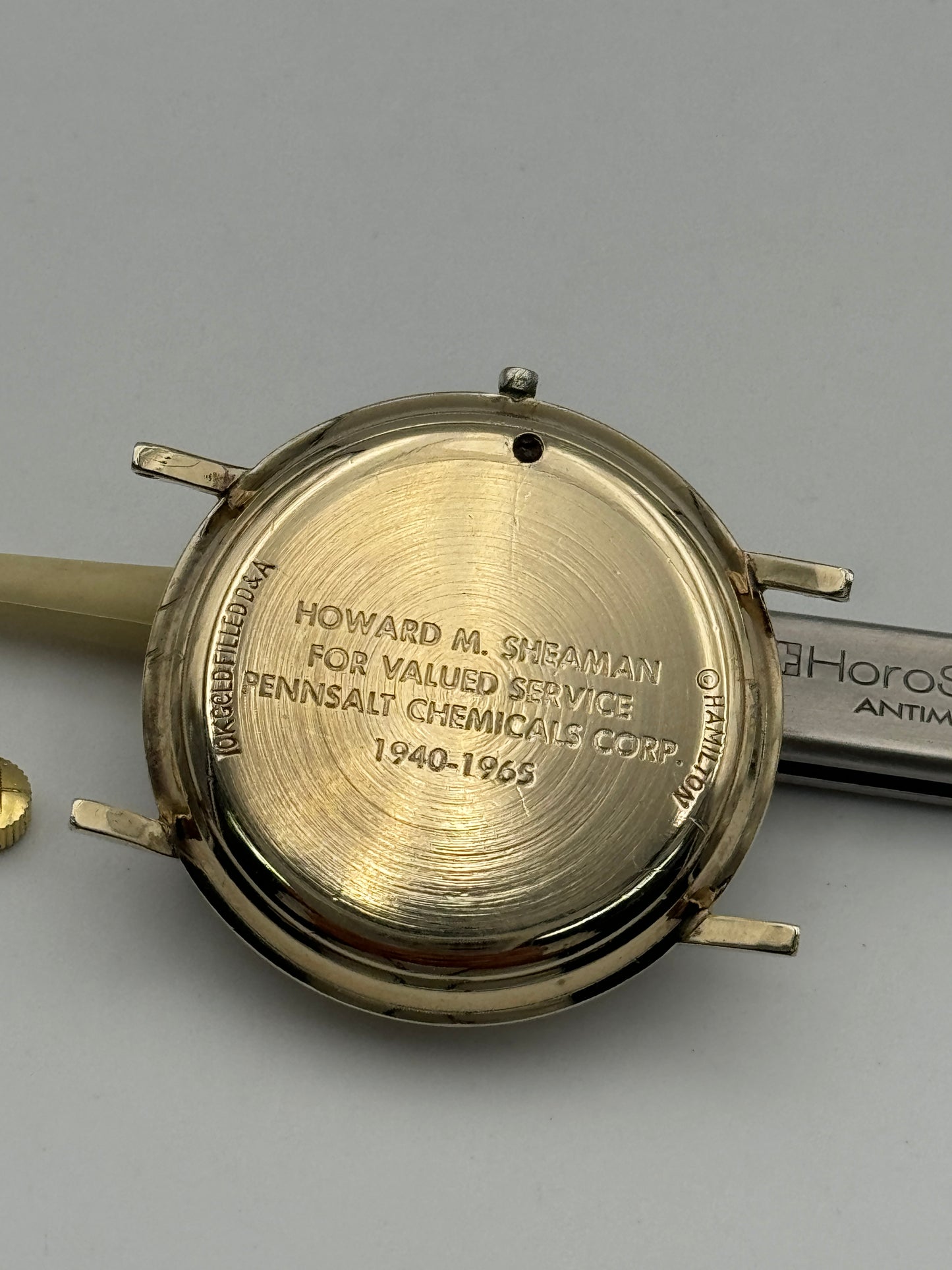 Hamilton 620 buren 1005 cassa case assigned pennsalt chemicals group 34mm microrotor lancaster v23146  lamined gold